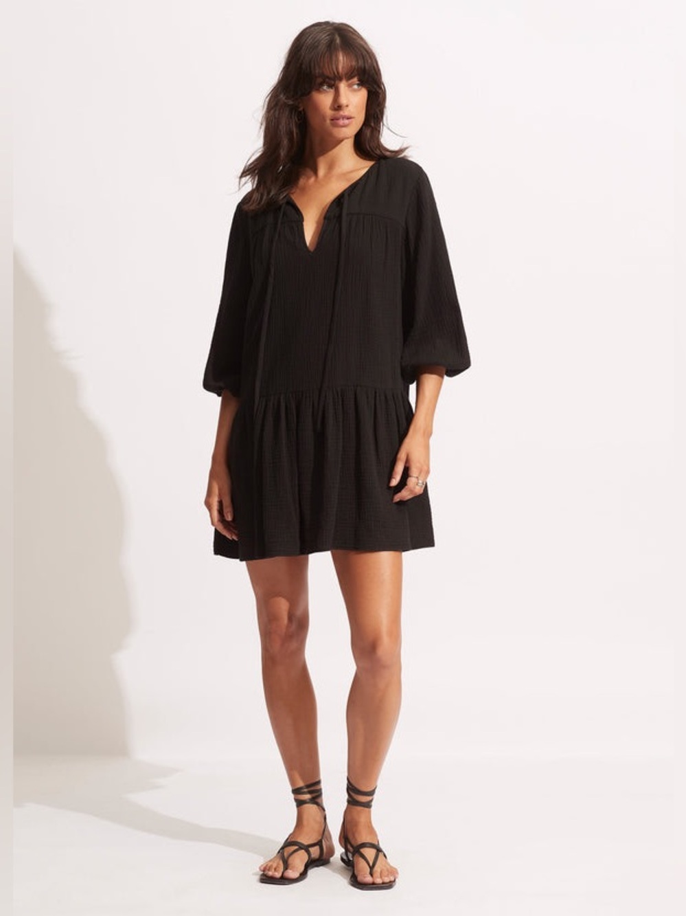 Seafolly NWT Swim Coverup Mini Dress Medium Gauzy Textured Cotton Billowy Black